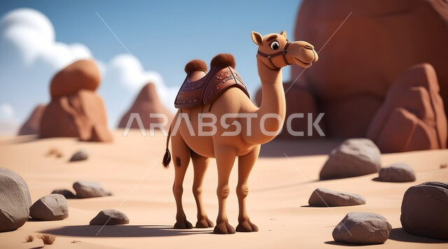 مجسم ثلاثي الأبعاد لجمل يسير في المناطق الصحراوية في المملكة العربية السعودية، حيوان الإبل سفينة الصحراء يمشي على الرمال الذهبية الناعمة، تربية المواشي والحيوانات في المحميات الطبيعيه