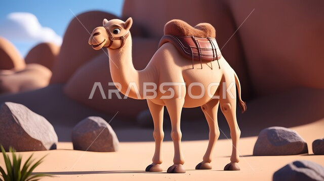 Using animals to move in the desert from one place to another, a three-dimensional model of a camel walking in the desert areas of the Kingdom of Saudi Arabia, the ship of the desert camel walking on soft golden sand, raising livestock and animals in natural reserves.