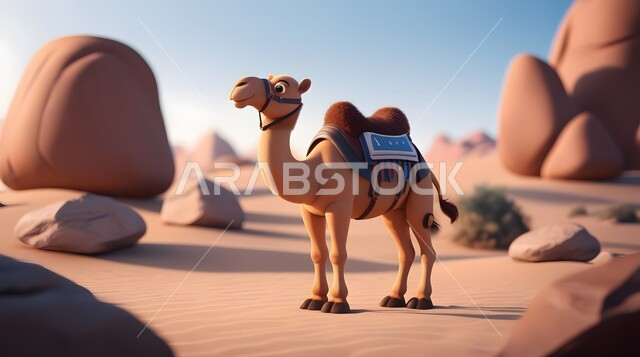 Using animals to move in the desert from one place to another, a three-dimensional model of a camel walking in the desert areas of the Kingdom of Saudi Arabia, the ship of the desert camel walking on soft golden sand, raising livestock and animals in natural reserves.