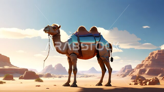 Using animals to move in the desert from one place to another, a three-dimensional model of a camel walking in the desert areas of the Kingdom of Saudi Arabia, the ship of the desert camel walking on soft golden sand, raising livestock and animals in natural reserves.