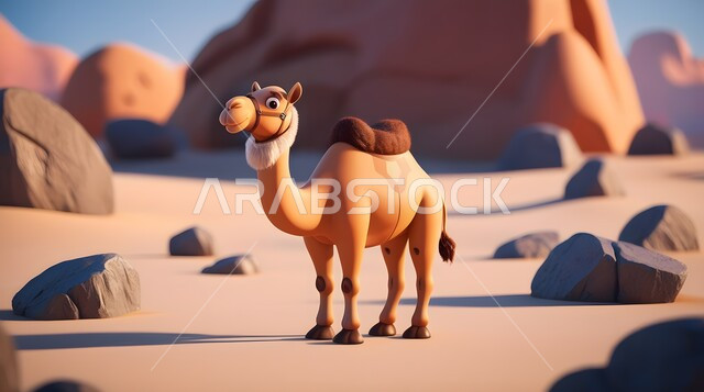 استخدام الحيوانات للتنقل في البادية من مكان لآخر، مجسم ثلاثي الأبعاد لجمل يسير في المناطق الصحراوية في المملكة العربية السعودية، حيوان الإبل سفينة الصحراء يمشي على الرمال الذهبية الناعمة، تربية المواشي والحيوانات في المحميات الطبيعيه