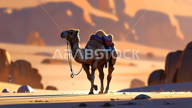 استخدام الحيوانات للتنقل في البادية من مكان لآخر، مجسم ثلاثي الأبعاد لجمل يسير في المناطق الصحراوية في المملكة العربية السعودية، حيوان الإبل سفينة الصحراء يمشي على الرمال الذهبية الناعمة، تربية المواشي والحيوانات في المحميات الطبيعيه