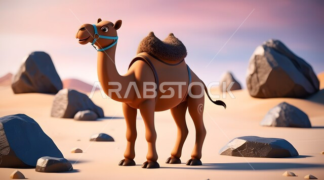 استخدام الحيوانات للتنقل في البادية من مكان لآخر، مجسم ثلاثي الأبعاد لجمل يسير في المناطق الصحراوية في المملكة العربية السعودية، حيوان الإبل سفينة الصحراء يمشي على الرمال الذهبية الناعمة، تربية المواشي والحيوانات في المحميات الطبيعيه