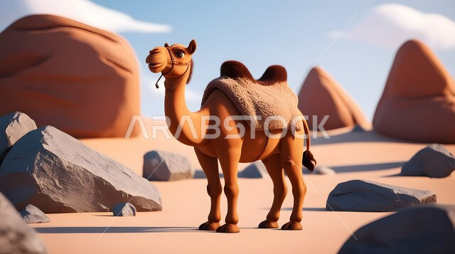 Raising livestock and animals in natural reserves, using animals to move in the desert from one place to another, a three-dimensional model of a camel walking in the desert areas of the Kingdom of Saudi Arabia, the ship of the desert camel walking on the soft golden sand