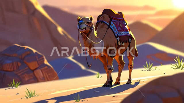  تربية المواشي والحيوانات في المحميات الطبيعيه، استخدام الحيوانات للتنقل في البادية من مكان لآخر، مجسم ثلاثي الأبعاد لجمل يسير في المناطق الصحراوية في المملكة العربية السعودية، حيوان الإبل سفينة الصحراء يمشي على الرمال الذهبية الناعمة