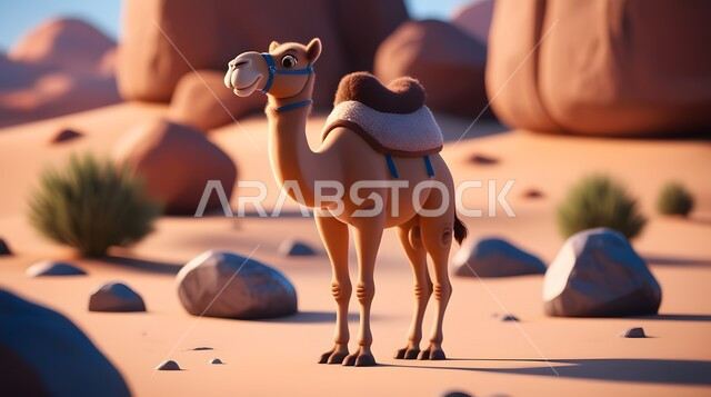  تربية المواشي والحيوانات في المحميات الطبيعيه، استخدام الحيوانات للتنقل في البادية من مكان لآخر، مجسم ثلاثي الأبعاد لجمل يسير في المناطق الصحراوية في المملكة العربية السعودية، حيوان الإبل سفينة الصحراء يمشي على الرمال الذهبية الناعمة