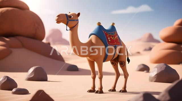  تربية المواشي والحيوانات في المحميات الطبيعيه، استخدام الحيوانات للتنقل في البادية من مكان لآخر، مجسم ثلاثي الأبعاد لجمل يسير في المناطق الصحراوية في المملكة العربية السعودية، حيوان الإبل سفينة الصحراء يمشي على الرمال الذهبية الناعمة