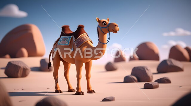  تربية المواشي والحيوانات في المحميات الطبيعيه، استخدام الحيوانات للتنقل في البادية من مكان لآخر، مجسم ثلاثي الأبعاد لجمل يسير في المناطق الصحراوية في المملكة العربية السعودية، حيوان الإبل سفينة الصحراء يمشي على الرمال الذهبية الناعمة