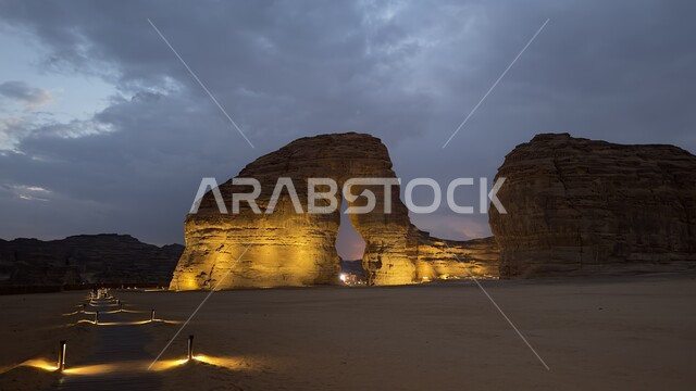 Ancient archaeological civilization, historical tourist attractions in Saudi Arabia, natural rock formations in the city of Al-Ula, Elephant Rock in Al-Ula, desert nature and mountain highlands in the Kingdom of Saudi Arabia