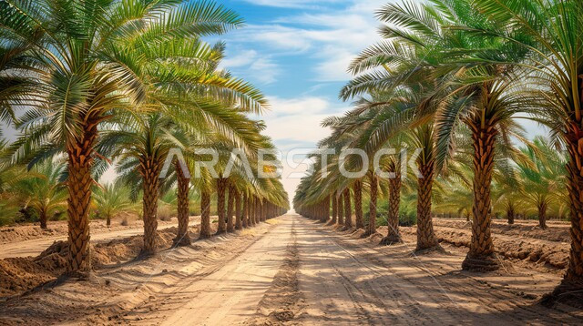 Date production farms, fruitful palm tree fields in the Kingdom of Saudi Arabia, local national products and crops, agricultural lands and fertile natural reserves, nature backgrounds