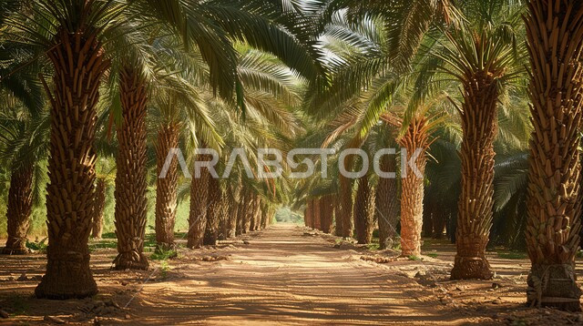 Date production farms, fruitful palm tree fields in the Kingdom of Saudi Arabia, local national products and crops, agricultural lands and fertile natural reserves, nature backgrounds