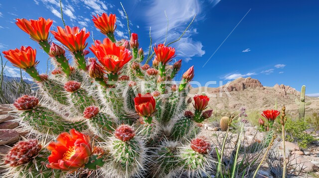  مجموعة من نبات الصبار الشوكي في المناطق الصحراوية، نمو الشوكيات والأعشاب في براري المملكة العربية السعودية، النباتات الشوكية والاعشاب البرية في المحميات الطبيعية