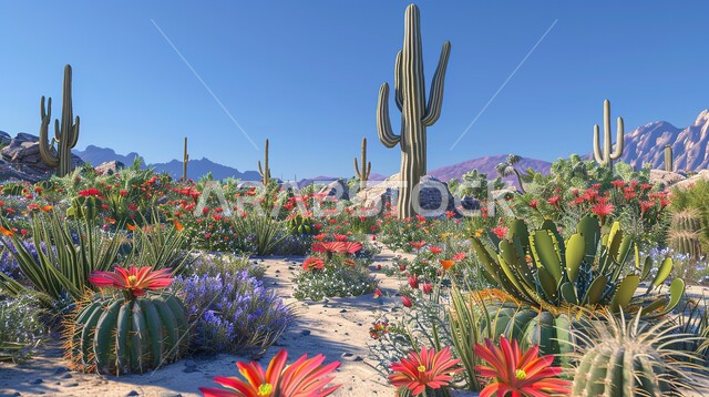  مجموعة من نبات الصبار الشوكي في المناطق الصحراوية، نمو الشوكيات والأعشاب في براري المملكة العربية السعودية، النباتات الشوكية والاعشاب البرية في المحميات الطبيعية