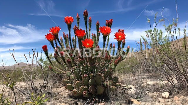  مجموعة من نبات الصبار الشوكي في المناطق الصحراوية، نمو الشوكيات والأعشاب في براري المملكة العربية السعودية، النباتات الشوكية والاعشاب البرية في المحميات الطبيعية