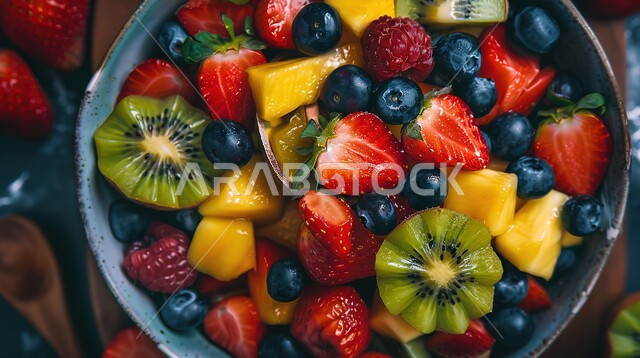 محاصيل وثمار وطنية محلية سعودية، وجبات خفيفة باردة منعشة في فصل الصيف، فنون تقديم وترتيب الأطباق، وعاء مليء بقطع الفاكهة الموسمية المتنوعة