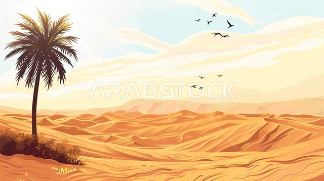 السماء الصافية في وضح النهار في المملكة العربية السعودية, صورة ثلاثية الابعاد للنباتات الشوكية وواحة أشجار النخيل الخضراء وسط البيئة الرملية الذهبيه الناعمة في المناطق الصحراوية، البيئة الجافة في الصحراء والمناطق البرية 
