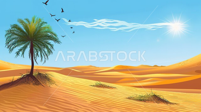 illustration of desert with palm tree in day light with Birds flying in Dune coloring 