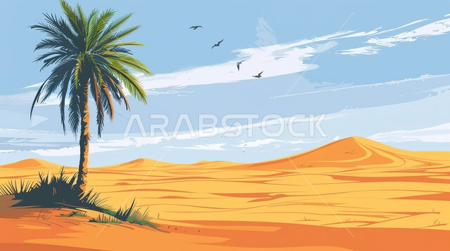 السماء الصافية في وضح النهار في المملكة العربية السعودية, صورة ثلاثية الابعاد للنباتات الشوكية وواحة أشجار النخيل الخضراء وسط البيئة الرملية الذهبيه الناعمة في المناطق الصحراوية، البيئة الجافة في الصحراء والمناطق البرية 