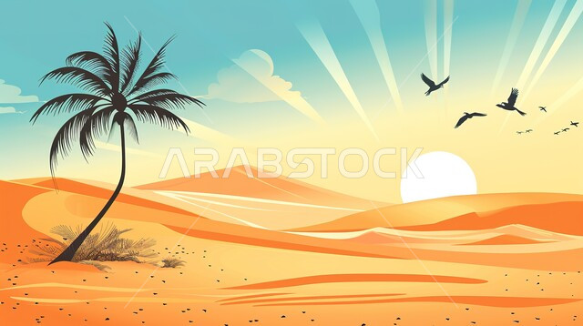 السماء الصافية في وضح النهار في المملكة العربية السعودية, صورة ثلاثية الابعاد للنباتات الشوكية وواحة أشجار النخيل الخضراء وسط البيئة الرملية الذهبيه الناعمة في المناطق الصحراوية، البيئة الجافة في الصحراء والمناطق البرية 