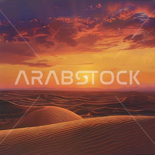 التكوينات والتشكلات الرملية في صحراء المملكة العربية السعودية، غروب الشمس فوق مناطق البادية والبيئة الطبيعية الصحراوية، التضاريس و المرتفعات والقمم الجبلية في البراري، الهضاب و التلال من الرمال الناعمة الذهبية، خلفية الطبيعة