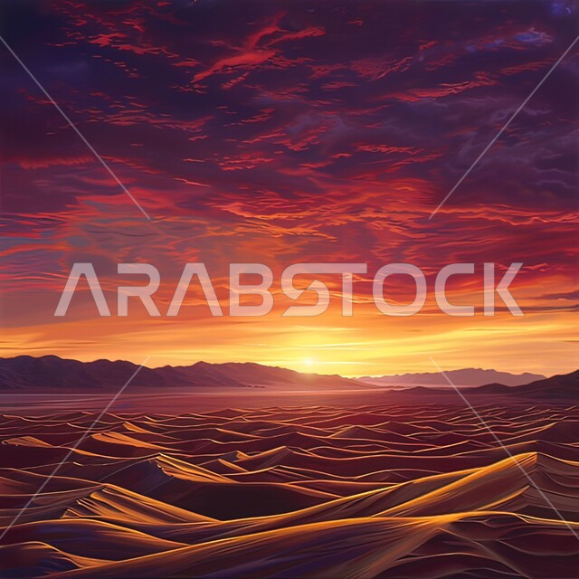 غروب الشمس فوق مناطق البادية والبيئة الطبيعية الصحراوية، التضاريس و المرتفعات والقمم الجبلية في البراري، التكوينات والتشكلات الرملية في صحراء المملكة العربية السعودية، الهضاب و التلال من الرمال الناعمة الذهبية، خلفية الطبيعة