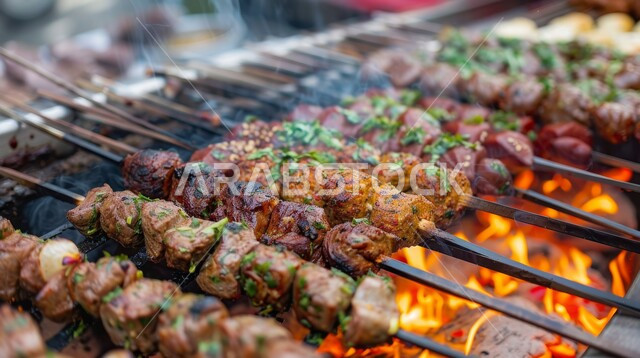 وصفات اللحوم المشوية بنكهات سعودية متنوعة، مطاعم للمأكولات العربية الشرقية, صورة مقربة لأسياخ اللحوم والكبب على  منقل الشواء، أطعمة وأغذية صحية, وجبات لحم شهية ساخنة