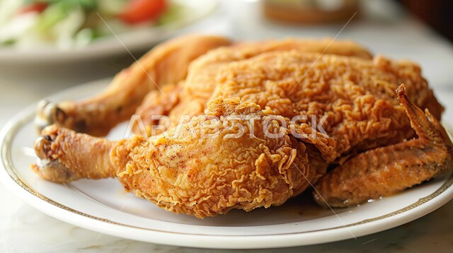 الأساليب الفنية في تقديم الطعام، طبق يحوي على دجاجة مقلية ومقرمشة, كريسبي الدجاج اللذيذ، المأكولات العربية الشهية، مطاعم عربية شرقية، وجبات غير صحية