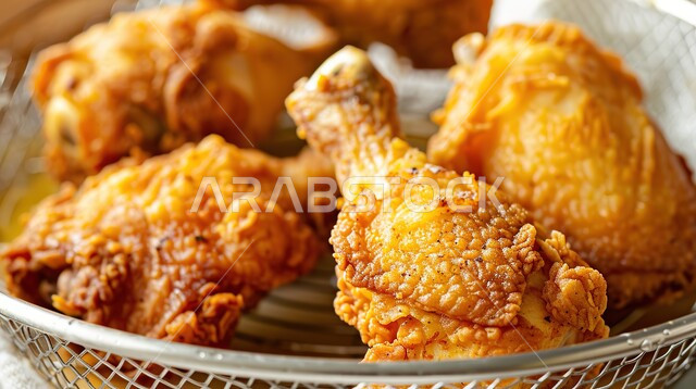 أفخاذ الدجاج المقلية والمقرمشة الساخنة، وجبات غير صحية، الأساليب الفنية في تقديم الطعام، قطع من الكريسبي اللذيذ داخل مصفاة، المأكولات العربية الشهية، مطاعم ومطابخ المملكة العربية السعودية