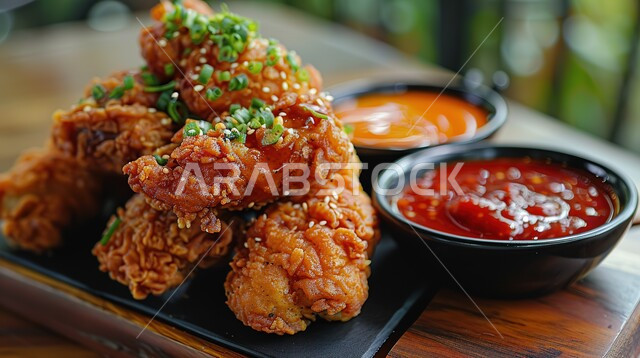 قطع من الدجاج المقلية والمقرمشة بجانب أطباق من الصوصات المختلفة، مطاعم ومطابخ المملكة العربية السعودية، وجبات غير صحية، الأساليب الفنية في تقديم الطعام،المأكولات العربية الشهية