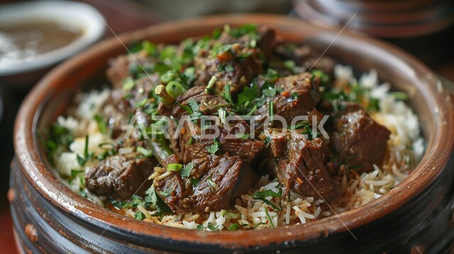  مطاعم للمأكولات العربية الشرقية, وصفات طعام المطبخ السعودي، أطباق ووجبات عربية تقليدية شعبية، طبق من أرز البرياني و قطع لحم الغنم الطازج، صحن من رز المندي بالتوابل، فنون تقديم الطعام