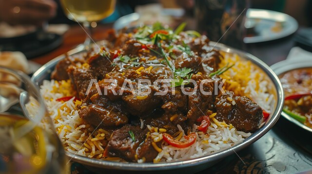 أطباق ووجبات عربية تقليدية شعبية، طبق من أرز البرياني و قطع لحم الغنم الطازج، وصفات طعام المطبخ السعودي، مطاعم للمأكولات العربية الشرقية, صحن من رز المندي بالتوابل، فنون تقديم الطعام