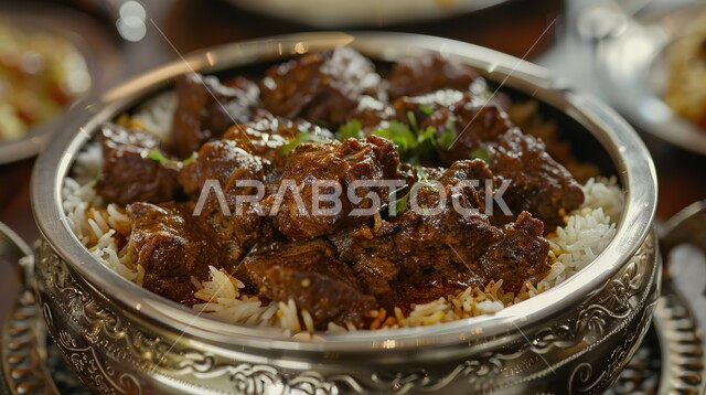 A plate of biryani rice and fresh lamb pieces, traditional popular Arabic dishes and meals, Saudi cuisine recipes, restaurants for oriental Arabic food, a plate of mandi rice with spices, the art of food presentation