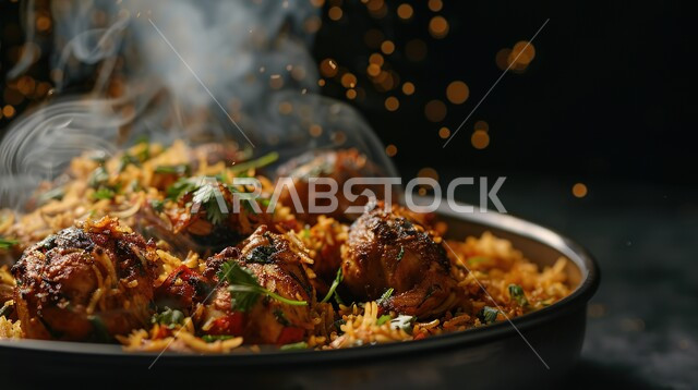 فنون تقديم الطعام في المطاعم الشرقية، صحن من رز الكبسة، أطباق ومأكولات عربية سعودية تقليدية، طبق من أرز المندي مع الدجاج المشوي والخضار الطازجة، وصفات الطعام الشعبية الشهية