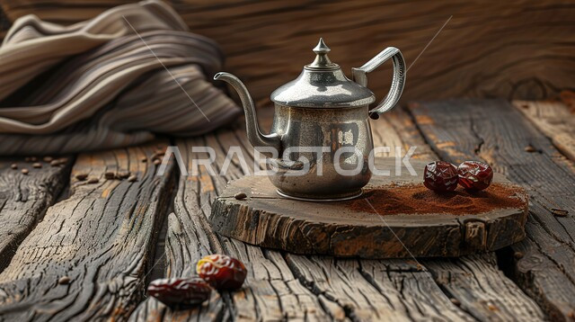 حسن الضيافة والإستقبال عند العرب، دلة قهوة معدنية فضية مع التمر على طاولة خشب، تقديم المشروبات الساخنة، مفهوم رمضان والأعياد والمناسبات، منتج وطني محلي، تمور المملكة العربية السعودية، خلفية خشبية