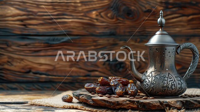 تقديم المشروبات الساخنة، مفهوم رمضان والأعياد والمناسبات، دلة قهوة معدنية فضية مع التمر على طاولة خشب، منتج وطني محلي، حسن الضيافة والإستقبال عند العرب، تمور المملكة العربية السعودية، خلفية خشبية