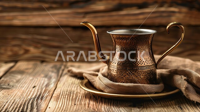 Authentic customs and traditions inherited from ancestors, luxurious Gulf Arabic coffee, generosity and hospitality in Saudi culture, the concept of welcoming guests, an ornate copper coffee pot, serving delicious hot drinks