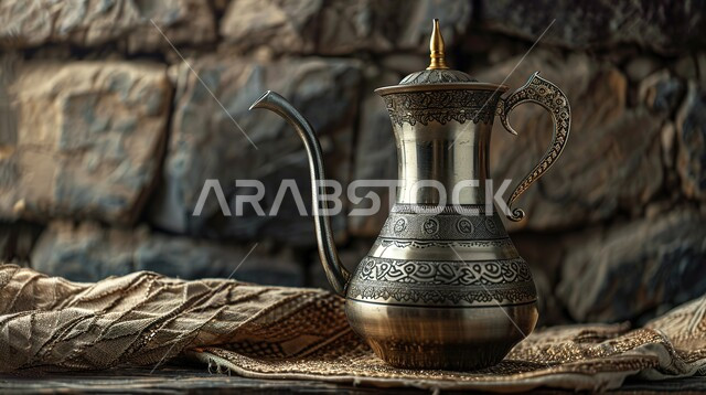 القهوة العربية الخليجية الفاخرة, العادات والتقاليد الأصيلة المتوارثة من الأجداد, الكرم والضيافة في الثقافة السعودية, مفهوم حسن استقبال الضيف, دلة نحاسية مزخرفة, تقديم المشروبات الساخنة اللذيذة