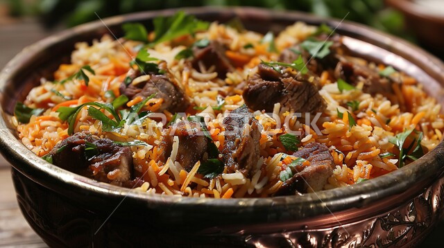 طبق من أرز البرياني مع قطع من اللحم المشوي والخضراوات الطازجة، أطباق ومأكولات عربية تقليدية، وصفات الطعام الصحية الشهية، صحن من رز الكبسة بالتوابل، تقديم وجبات الأطعمة الشرقية اللذيذة