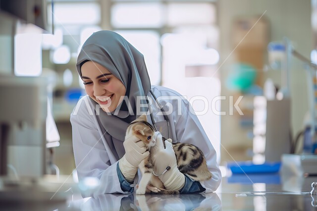 زيارة المراكز والعيادات البيطرية السعودية، مفهوم الاهتمام والعناية بالحيوانات الاليفة، صورة مقربة لطبيبة بيطرية عربية خليجي سعودية مبتسمة ترتدي الحجاب والمريول الابيض تقوم بملاعبة وملاطفة القطة الصغيرة بايماءات الحب والحنان