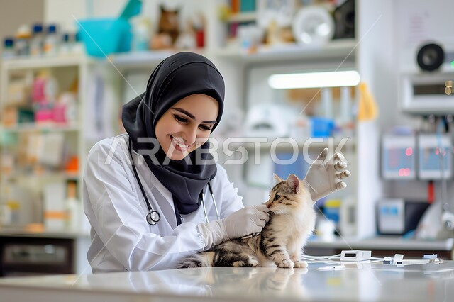 مفهوم الاهتمام والعناية بالحيوانات الاليفة، زيارة المراكز والعيادات البيطرية السعودية، صورة مقربة لطبيبة بيطرية عربية خليجي سعودية مبتسمة ترتدي الحجاب والمريول الابيض تقوم بملاعبة وملاطفة القطة الصغيرة بايماءات الحب والحنان