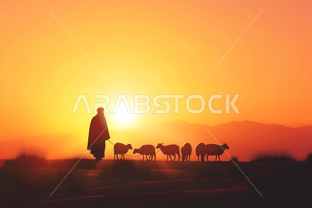 Sunset view in the natural areas of the Kingdom of Saudi Arabia, Eid al-Adha sacrifices and offerings, interest in raising mammals and livestock, silhouette of a shepherd herding a flock of sheep, silhouette