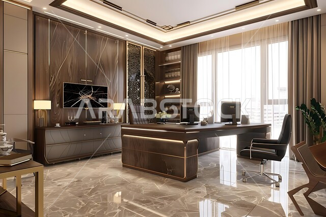 مكتب عمل مجهز بالمعدات والأدوات، غرفة للقراءة والجلوس، الفن الهندسي المعماري، غرف مكتبية بتصميم داخلي وديكورات راقية، تصاميم عصرية حديثة لمكاتب الشركات السعودية، تحف واكسسوارات وزخرفات فاخرة