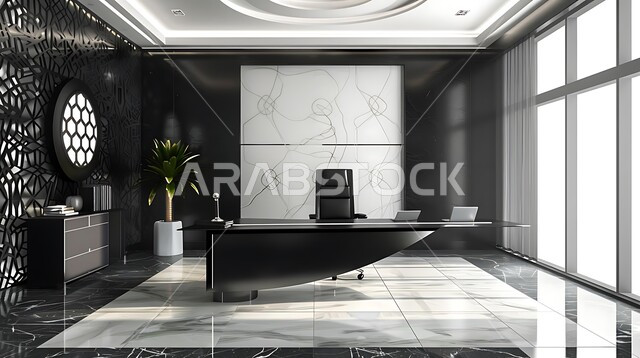 اكسسوارات وتحف فاخرة باللون الأسود، تصاميم عصرية حديثة لمكاتب الشركات السعودية، مكتب عمل مجهز بالمعدات والأدوات، غرفة للقراءة والجلوس، الفن الهندسي المعماري، غرف مكتبية بتصميم داخلي وديكورات راقية