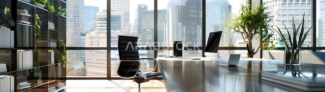 واجهات زجاجية ضخمة مطلة على الأبراج وناطحات السحاب, التصاميم والديكورات الداخلية الفخمة، أثاث مكتبي فاخر، الاهتمام بنبات الزينة، غرف مكتبية بتصميمات وتجهيزات عصرية حديثة، الشركات الراقية في المملكة العربية السعودية