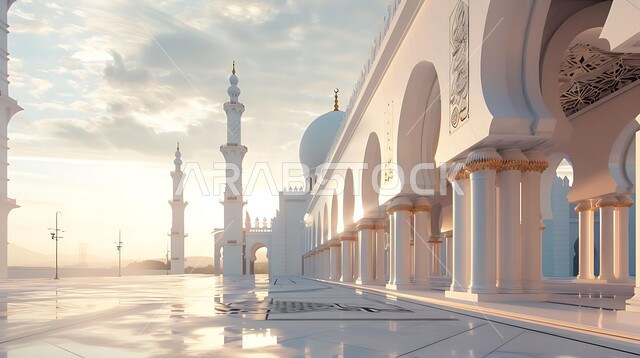 الاعياد والمناسبات الدينية، مجسم ثلاثي الابعاد لمسجد كبير على الطراز الاسلامي، العبادة والتقرب الى الله في شهر رمضان المبارك، أجواء رمضانية روحانية، ديكورات وزينة وتصاميم اسلامية دينية فاخرة