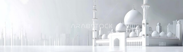 مجسم ثلاثي الابعاد لمسجد كبير على الطراز الاسلامي، الاعياد والمناسبات الدينية، العبادة والتقرب الى الله في شهر رمضان المبارك، أجواء رمضانية روحانية، ديكورات وزينة وتصاميم اسلامية دينية فاخرة