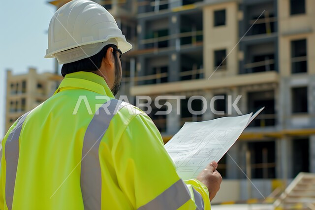 العمل في مجال الهندسة الإنشائية، الإشراف على سير أعمال البناء، متابعة المشاريع المعمارية، صورة مقربة من الخلف لمهندس عربي خليجي سعودي يرتدي سترة وخوذة الحماية يحمل بيده مخطط المبنى ويقوم بمراقبة التنفيذ في موقع العمل