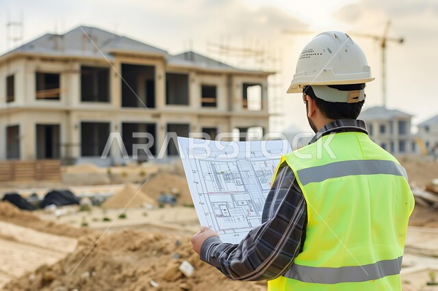 الإشراف على سير أعمال البناء، متابعة المشاريع المعمارية، العمل في مجال الهندسة الإنشائية، صورة مقربة من الخلف لمهندس عربي خليجي سعودي يرتدي سترة وخوذة الحماية يحمل بيده مخطط المبنى ويقوم بمراقبة التنفيذ في موقع العمل