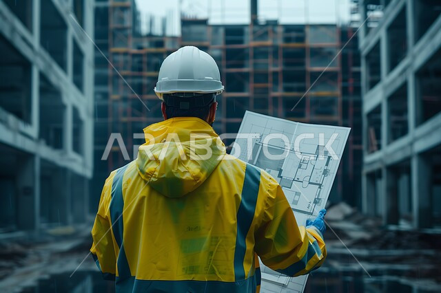 متابعة المشاريع المعمارية، العمل في مجال الهندسة الإنشائية، الإشراف على سير أعمال البناء، صورة مقربة من الخلف لمهندس عربي خليجي سعودي يرتدي سترة وخوذة الحماية يحمل بيده مخطط المبنى ويقوم بمراقبة التنفيذ في موقع العمل