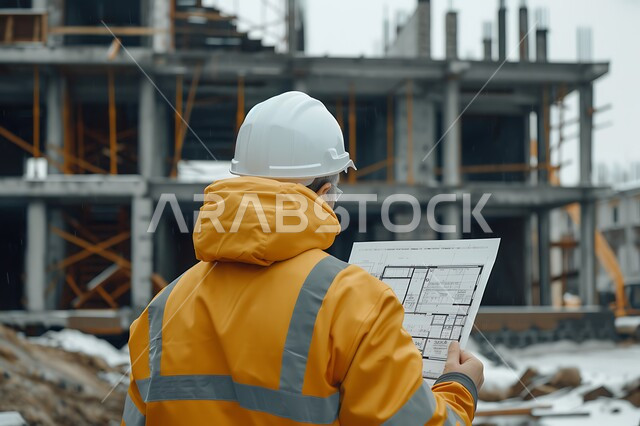 العمل في مجال الهندسة الإنشائية، متابعة المشاريع المعمارية، الإشراف على سير أعمال البناء، صورة مقربة من الخلف لمهندس عربي خليجي سعودي يرتدي سترة وخوذة الحماية يحمل بيده مخطط المبنى ويقوم بمراقبة التنفيذ في موقع العمل